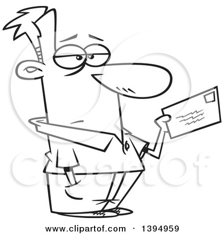 Clipart of a Cartoon Black and White Unhappy Man Mailing a Letter or Tax Payment - Royalty Free Vector Illustration by toonaday