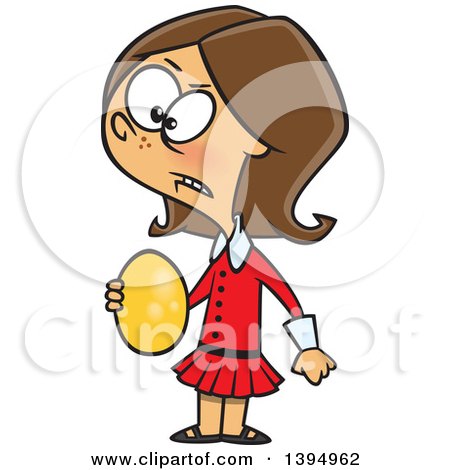 Clipart of a Cartoon Bratty and Spoiled Brunette White Girl, Veruca Salt, Holding a Golden Egg - Royalty Free Vector Illustration by toonaday