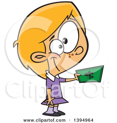 Clipart of a Cartoon Caucasian Girl Holding out Cash Money to Buy Something - Royalty Free Vector Illustration by toonaday