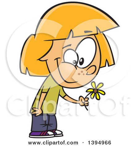 Clipart of a Cartoon White Girl Holding a Spring Flower - Royalty Free Vector Illustration by toonaday