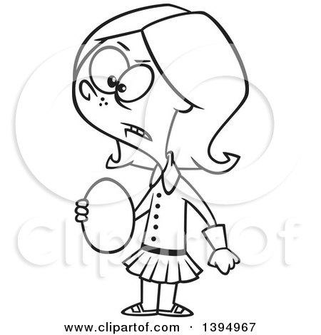 Clipart of a Cartoon Black and White Bratty and Spoiled Girl, Veruca Salt, Holding an Egg - Royalty Free Vector Illustration by toonaday
