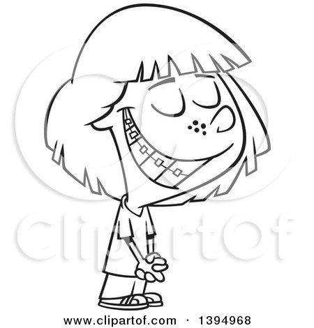 Clipart of a Cartoon Black and White Happy Girl Smiling and Showing Her Braces - Royalty Free Vector Illustration by toonaday