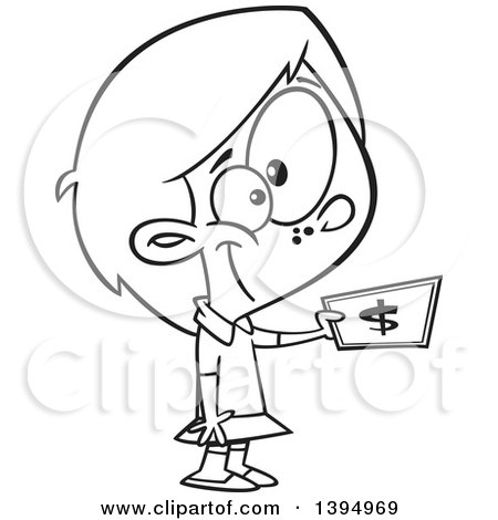 Clipart of a Cartoon Black and White Girl Holding out Cash Money to Buy Something - Royalty Free Vector Illustration by toonaday