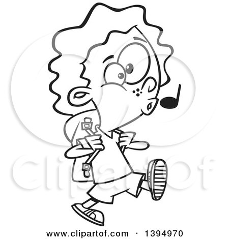 Clipart of a Cartoon Black and White Happy Girl Whistling and Walking to School - Royalty Free Vector Illustration by toonaday