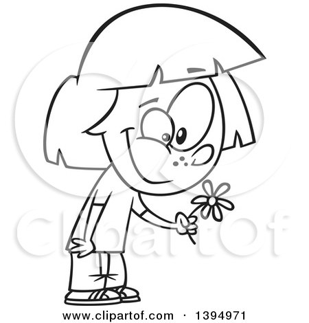 Clipart of a Cartoon Black and White Girl Holding a Spring Flower - Royalty Free Vector Illustration by toonaday