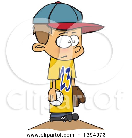 Clipart of a Cartoon White Boy Wearing a Big Jersey and Standing on Baseball Pitchers Mound - Royalty Free Vector Illustration by toonaday