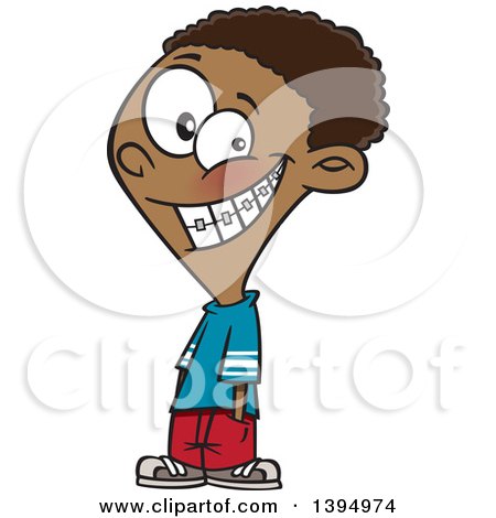 Clipart of a Cartoon Black Boy Grinning and Showing His Braces - Royalty Free Vector Illustration by toonaday