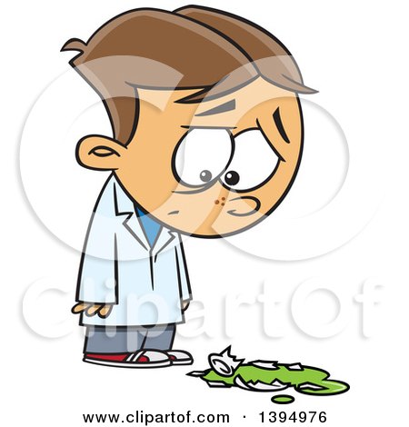Clipart of a Cartoon White Boy Looking down Sadly at a Broken Science Laboratory Flask - Royalty Free Vector Illustration by toonaday