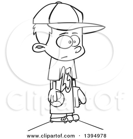 Clipart of a Cartoon Black and White Boy Wearing a Big Jersey and Standing on Baseball Pitchers Mound - Royalty Free Vector Illustration by toonaday
