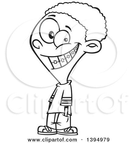 Clipart of a Cartoon Black and White African American Boy Grinning and Showing His Braces - Royalty Free Vector Illustration by toonaday
