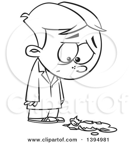 Clipart of a Cartoon Black and White Boy Looking down Sadly at a Broken Science Laboratory Flask - Royalty Free Vector Illustration by toonaday