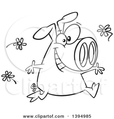 Clipart of a Cartoon Black and White Happy Pig Running and Tossing Spring Flowers - Royalty Free Vector Illustration by toonaday