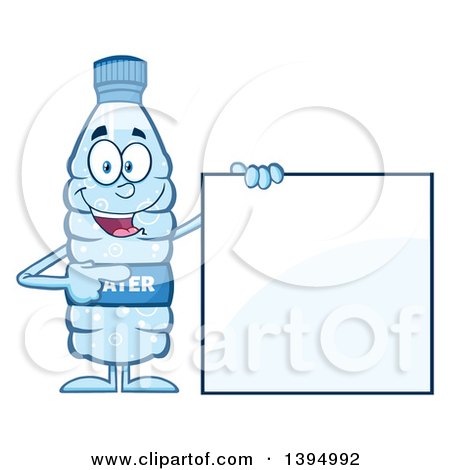 Clipart of a Cartoon Bottled Water Mascot Holding Pointing to a Blank Sign - Royalty Free Vector Illustration by Hit Toon