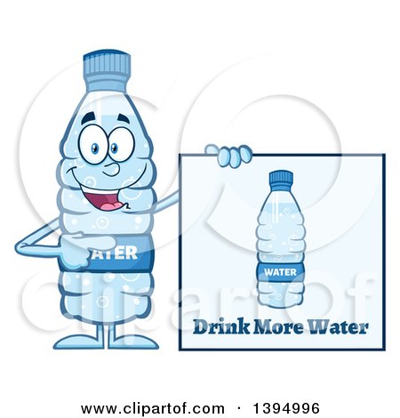 Clipart of a Cartoon Bottled Water Mascot Pointing to a Drink More Water Sign - Royalty Free Vector Illustration by Hit Toon
