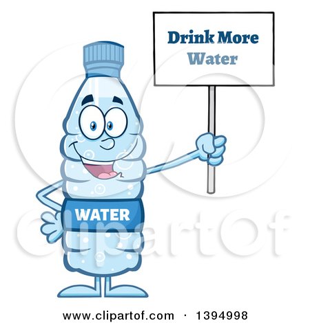 Clipart of a Cartoon Bottled Water Mascot Holding up a Drink More Water Sign - Royalty Free Vector Illustration by Hit Toon