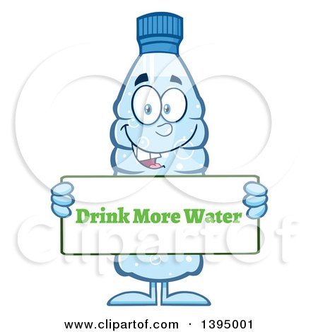 Clipart of a Cartoon Bottled Water Mascot Holding a Drink More Water Sign - Royalty Free Vector Illustration by Hit Toon