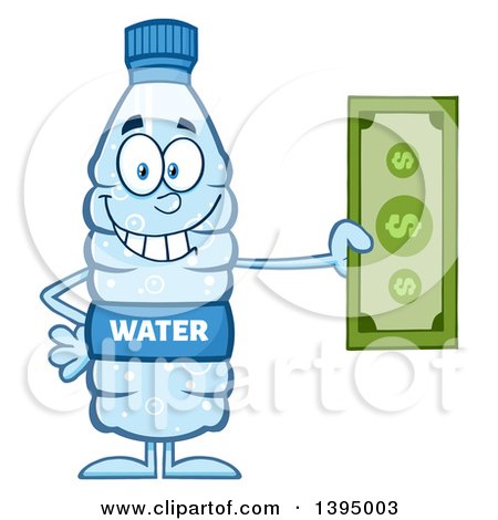 Clipart of a Cartoon Bottled Water Mascot Holding Cash Money - Royalty Free Vector Illustration by Hit Toon