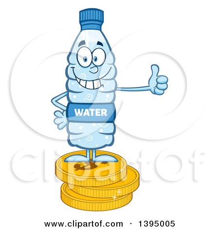 Clipart of a Cartoon Bottled Water Mascot Standing on Coins and Giving a Thumb up - Royalty Free Vector Illustration by Hit Toon