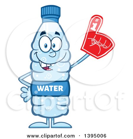 Clipart of a Cartoon Bottled Water Mascot Wearing a Foam Finger - Royalty Free Vector Illustration by Hit Toon