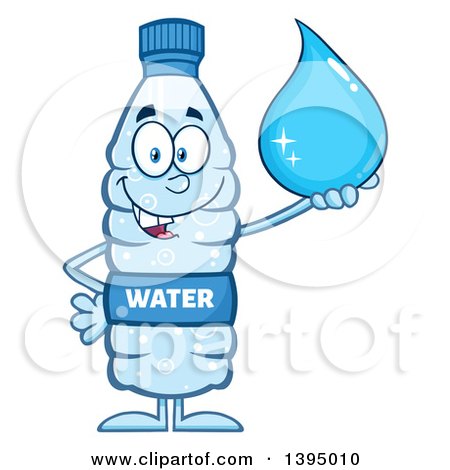 Clipart of a Cartoon Bottled Water Mascot Holding a Droplet - Royalty Free Vector Illustration by Hit Toon