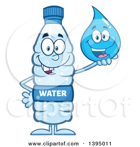 Clipart of a Cartoon Bottled Water Mascot Holding a Droplet Character - Royalty Free Vector Illustration by Hit Toon
