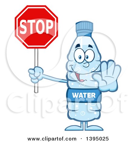 Clipart of a Cartoon Bottled Water Mascot Holding a Stop Sign - Royalty Free Vector Illustration by Hit Toon