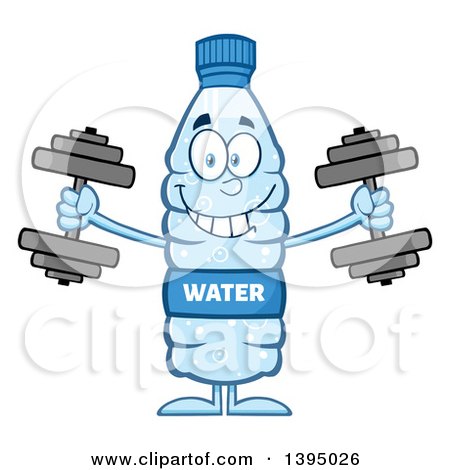 Clipart of a Cartoon Bottled Water Mascot Working out with Dumbbells - Royalty Free Vector Illustration by Hit Toon
