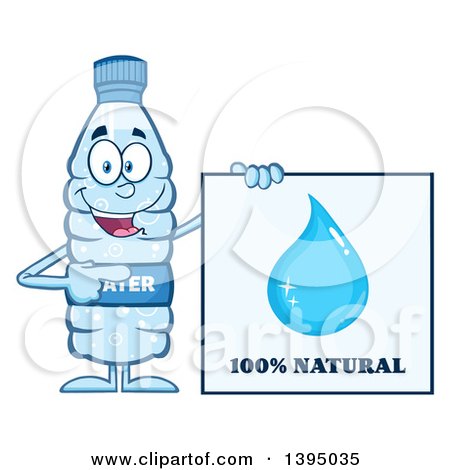 Clipart of a Cartoon Bottled Water Mascot Pointing to a 100 Percent Natural Sign - Royalty Free Vector Illustration by Hit Toon
