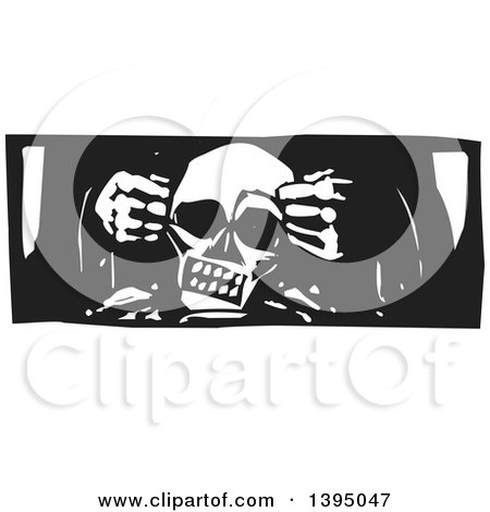 Clipart of a Black and White Woodcut God's Hands Creating a Human Skull - Royalty Free Vector Illustration by xunantunich