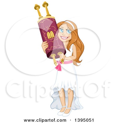Clipart of a Happy Jewish Girl Holding a Torah for Bat Mitzvah - Royalty Free Vector Illustration by Liron Peer