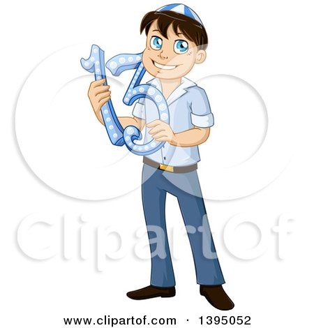 Clipart of a Happy Jewish Boy Holding 13 for Bar Mitzvah - Royalty Free Vector Illustration by Liron Peer
