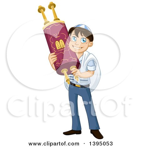 Clipart of a Happy Jewish Boy Holding a Torah for Bar Mitzvah - Royalty Free Vector Illustration by Liron Peer