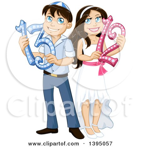 Clipart of a Happy Jewish Boy and Girl Holding 12 and 13 for Bar Mitzvah and Bat Matzvah - Royalty Free Vector Illustration by Liron Peer