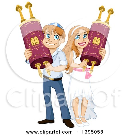 Clipart of a Happy Jewish Boy and Girl Holding Torahs for Bar Mitzvah and Bat Matzvah - Royalty Free Vector Illustration by Liron Peer