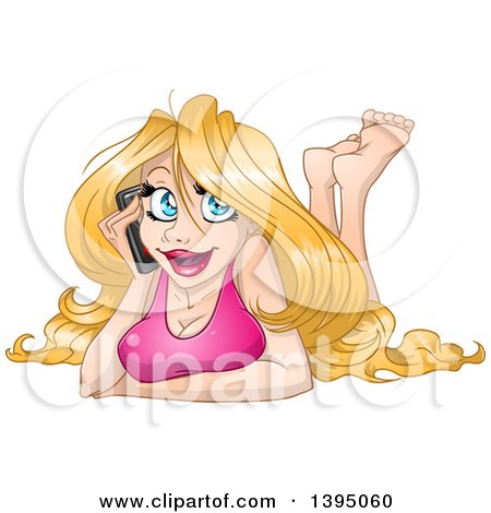 Clipart of a Blue Eyed Blond Caucasian Woman Laying on the Floor and Talking on a Cell Phone - Royalty Free Vector Illustration by Liron Peer