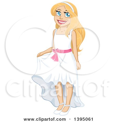 Clipart of a Happy Blue Eyed Blond Caucasian Girl Posing in a White Dress with a Pink Bow - Royalty Free Vector Illustration by Liron Peer