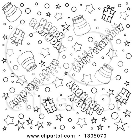 Clipart of a Black and White Lineart Seamless Happy Birthday Background with Text, Stars, Confetti, Cake and Gifts - Royalty Free Vector Illustration by Liron Peer