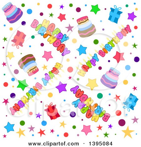 Clipart of a Seamless Happy Birthday Background with Text, Stars, Confetti, Cake and Gifts - Royalty Free Vector Illustration by Liron Peer