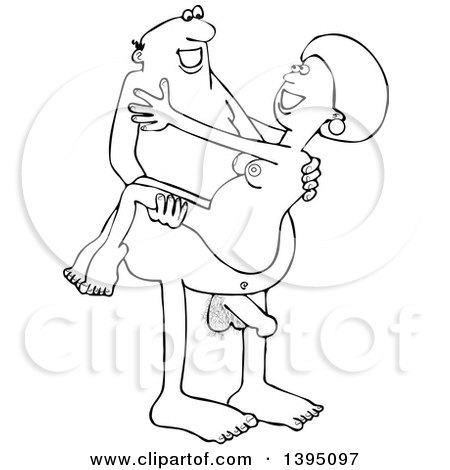 Clipart of a Cartoon Black and White Lineart Naked Man Carrying a Woman - Royalty Free Vector Illustration by djart