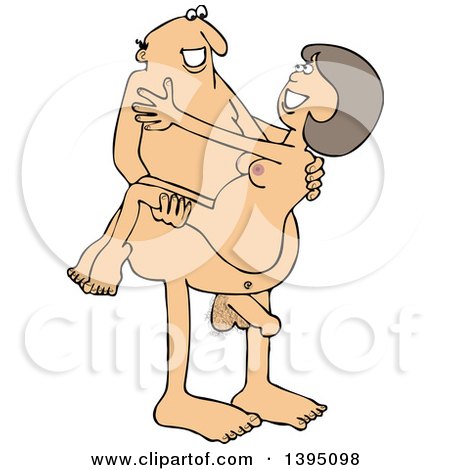 Clipart of a Cartoon Naked White Man Carrying a Woman - Royalty Free Vector Illustration by djart