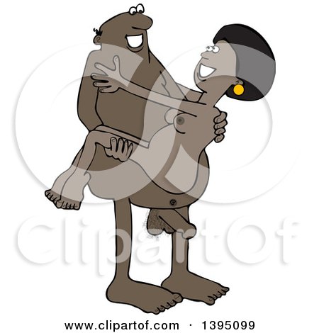 Clipart of a Cartoon Naked Black Man Carrying a Woman - Royalty Free Vector Illustration by djart