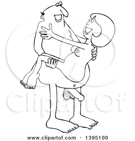 Clipart of a Cartoon Black and White Lineart Nude Man Carrying a Woman - Royalty Free Vector Illustration by djart