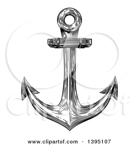 Clipart of a Black and White Retro Woodcut or Engraved Anchor - Royalty Free Vector Illustration by AtStockIllustration
