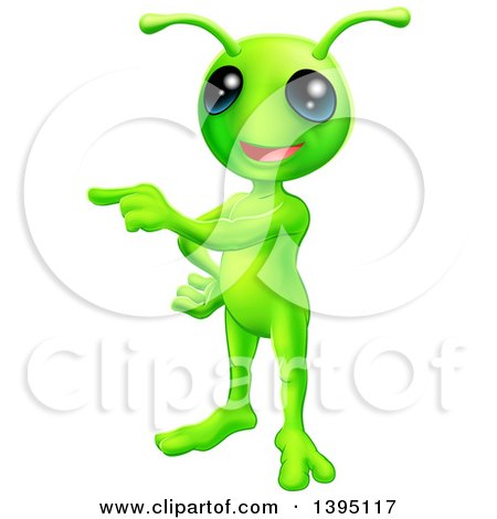 Clipart of a Friendly Green Alien Pointing to the Right - Royalty Free Vector Illustration by AtStockIllustration