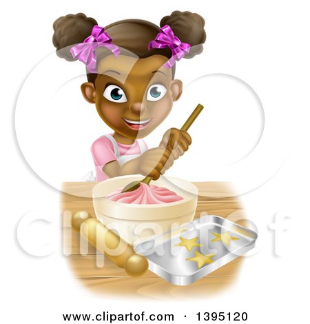 Clipart of a Happy Black Girl Making Star Cookies and Frosting - Royalty Free Vector Illustration by AtStockIllustration