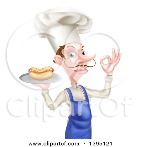 Clipart of a White Male Chef with a Curling Mustache, Holding a Hot Dog on a Platter and Gesturing Ok - Royalty Free Vector Illustration by AtStockIllustration
