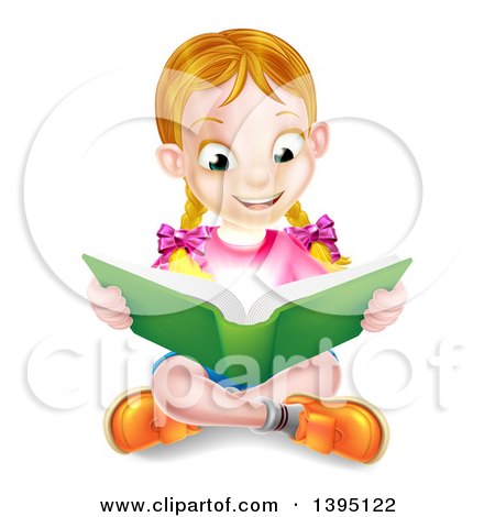 Clipart of a Happy Blond Caucasian School Girl Reading a Book on the Floor, with Magic Glowing Lights - Royalty Free Vector Illustration by AtStockIllustration