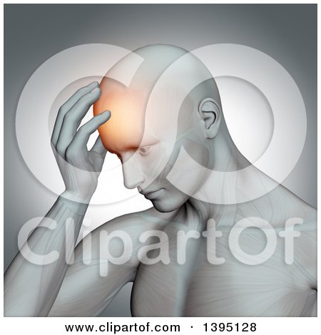 Clipart of a 3d Anatomical Man with a Glowing Headache, and Barely Visible Muscles, on a Gray Background - Royalty Free Illustration by KJ Pargeter
