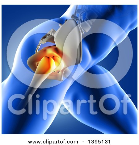 Clipart of a 3d Closeup of an Anatomical Man with Visible and Glowing Hip Pain, on Blue - Royalty Free Illustration by KJ Pargeter