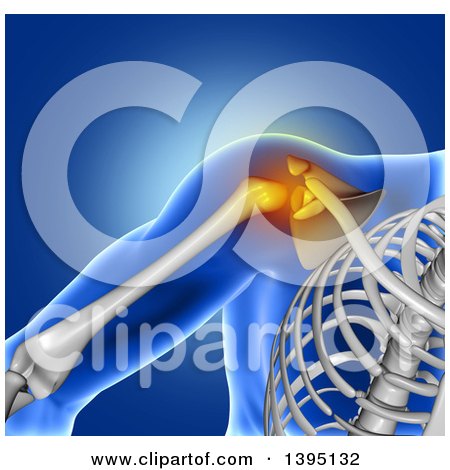 Clipart of a 3d Xray of a Man's Painful Shoulder Joint and Visible Skeleton on Blue - Royalty Free Illustration by KJ Pargeter